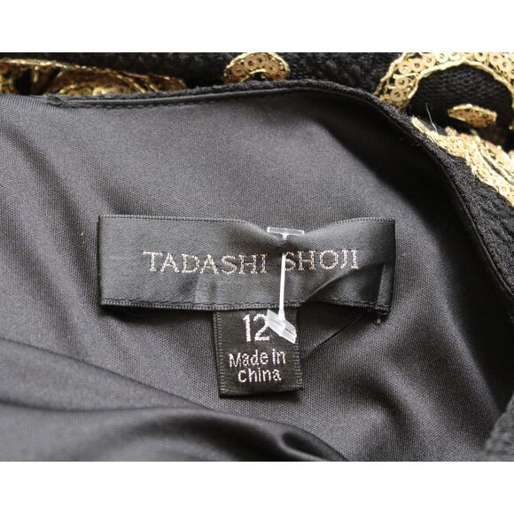 Tadashi Shoji Black Gold Crepe Sequin Embellished Formal Gown Evening Dress 12 - Picture 6 of 8
